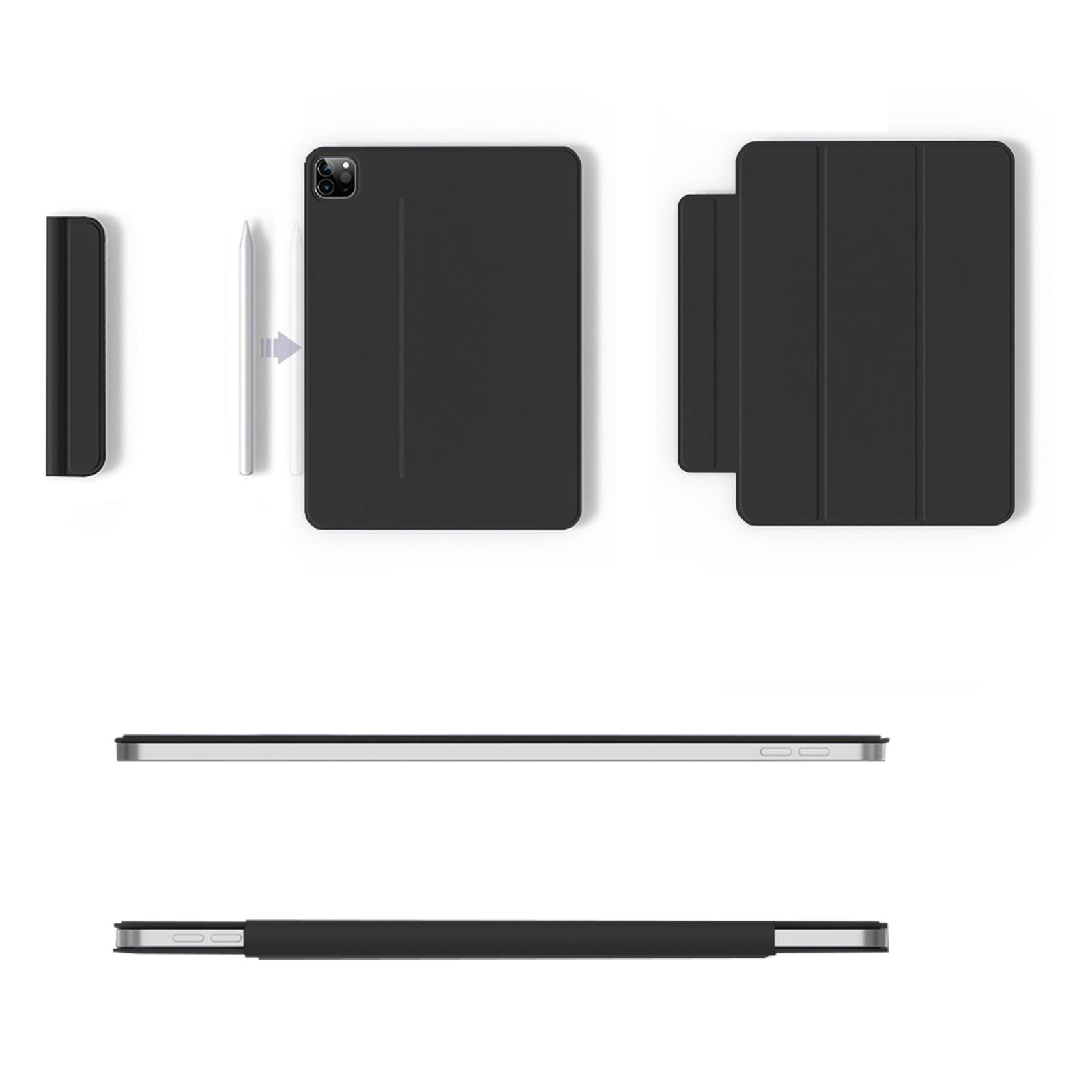 Multiple viste di una custodia per iPad nera, uno stilo e una vista laterale.