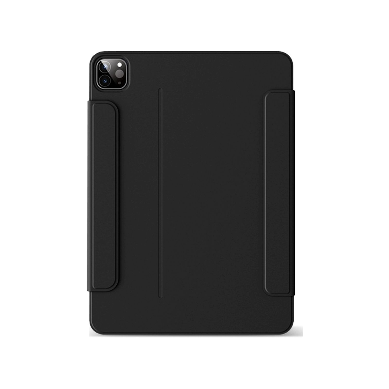 Una custodia nera per tablet con un tablet nero all'interno; la custodia è chiusa.