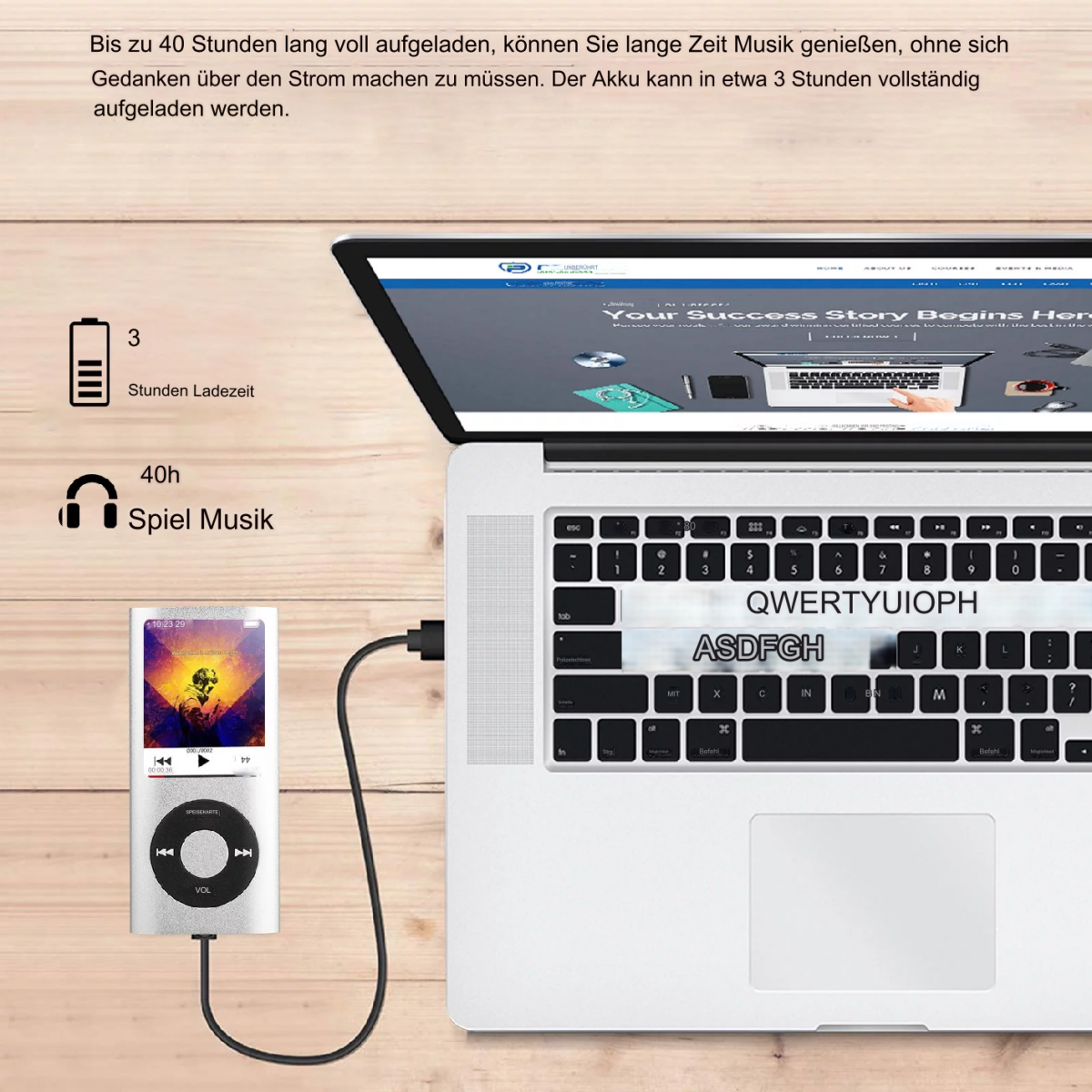 Laptop mit iPod verbunden, Musik wird angezeigt, Text über Akkulaufzeit.
