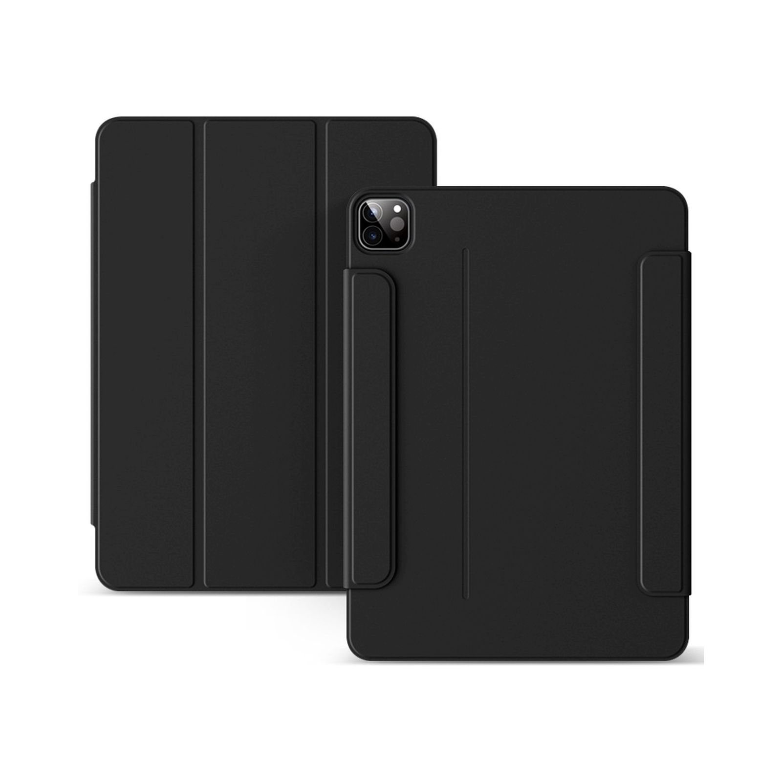 Due custodie nere per iPad, una aperta, una chiusa, su sfondo bianco.