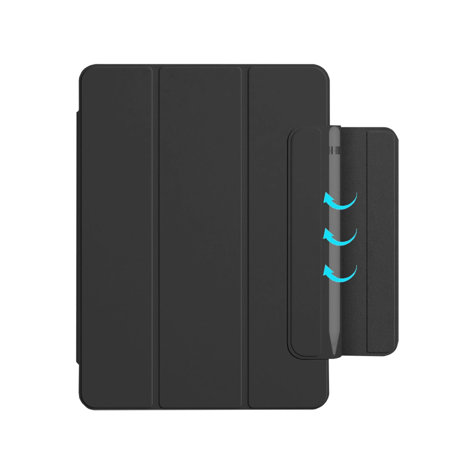 Custodia per tablet nera con portapenne. La penna è all'interno e ha frecce blu che la indicano.