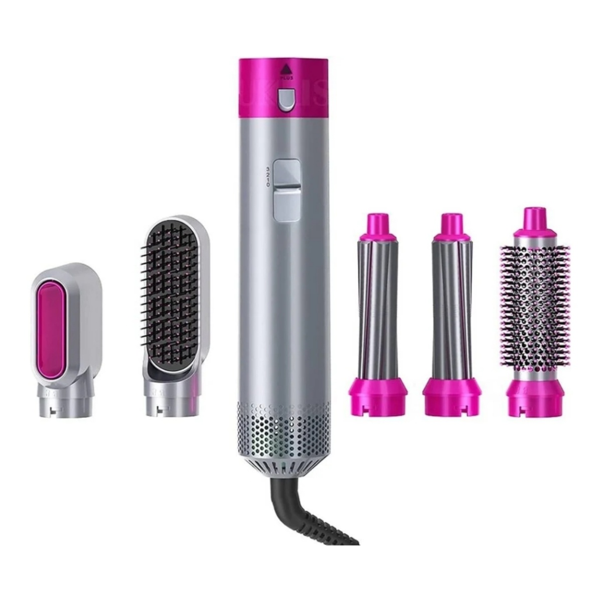 Ein silbernes Haarstyling-Tool mit rosa Akzenten und mehreren Aufsätzen, einschließlich Bürsten und Lockenwicklern.