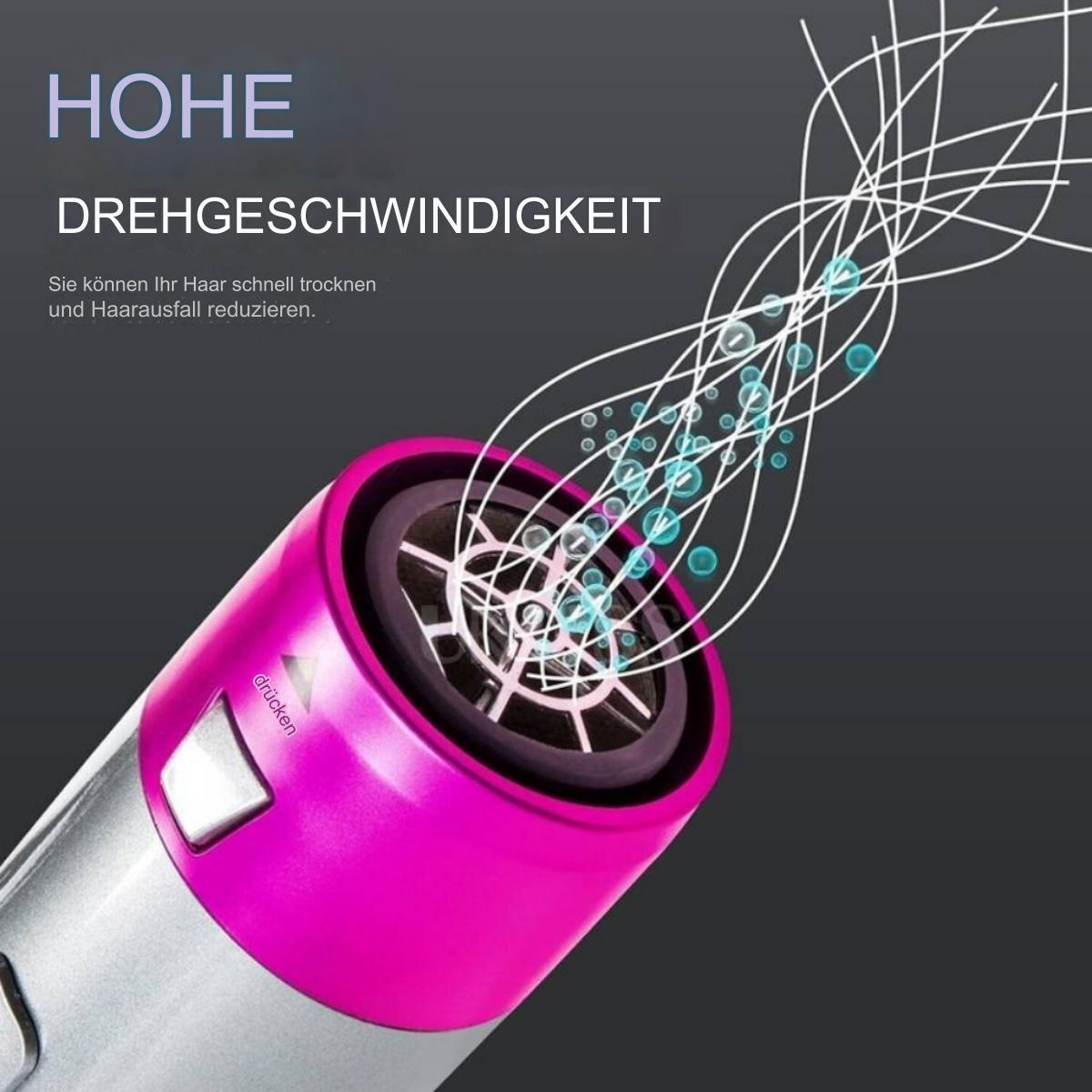 Ein rosa und silberner Haartrockner mit rosa Düse auf dunklem Hintergrund.