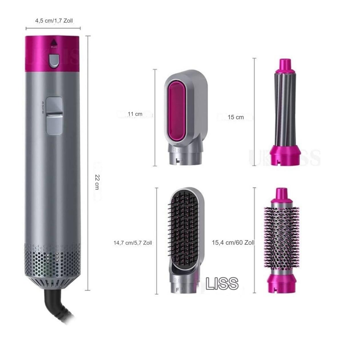 Grauer Haarstyler mit Aufsätzen und Abmessungen. Er hat rosa Akzente und ein schwarzes Kabel.