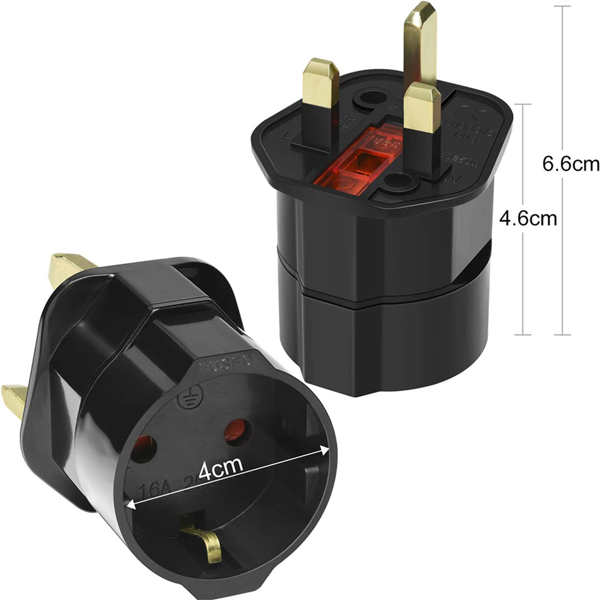 Zwei schwarze Netzadapter, einer in den anderen gesteckt, mit Bemaßungen.