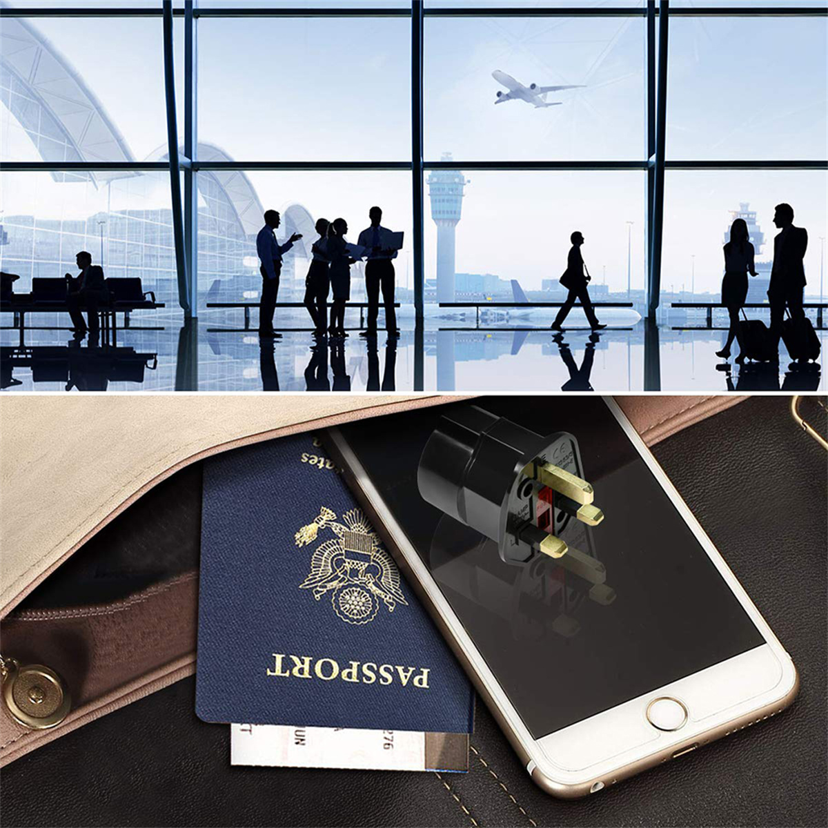 Eine Collage zeigt eine Flughafenszene und ein Telefon mit einem Reiseadapter in einer Tasche mit einem Reisepass.