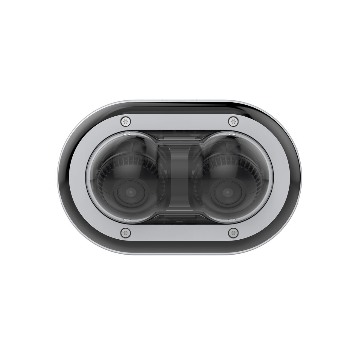 Kamera bezpieczeństwa z dwoma obiektywami, otoczona chromowanym pierścieniem. Widok z góry.