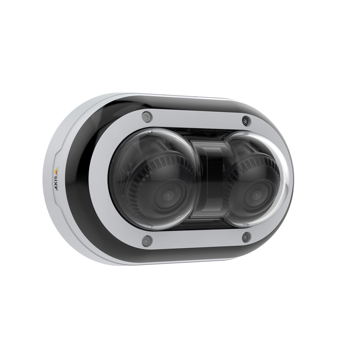 Kamera monitoringu, czarno-biała, ma dwa obiektywy w zaokrąglonej obudowie. Biała ramka z czarnym środkiem.