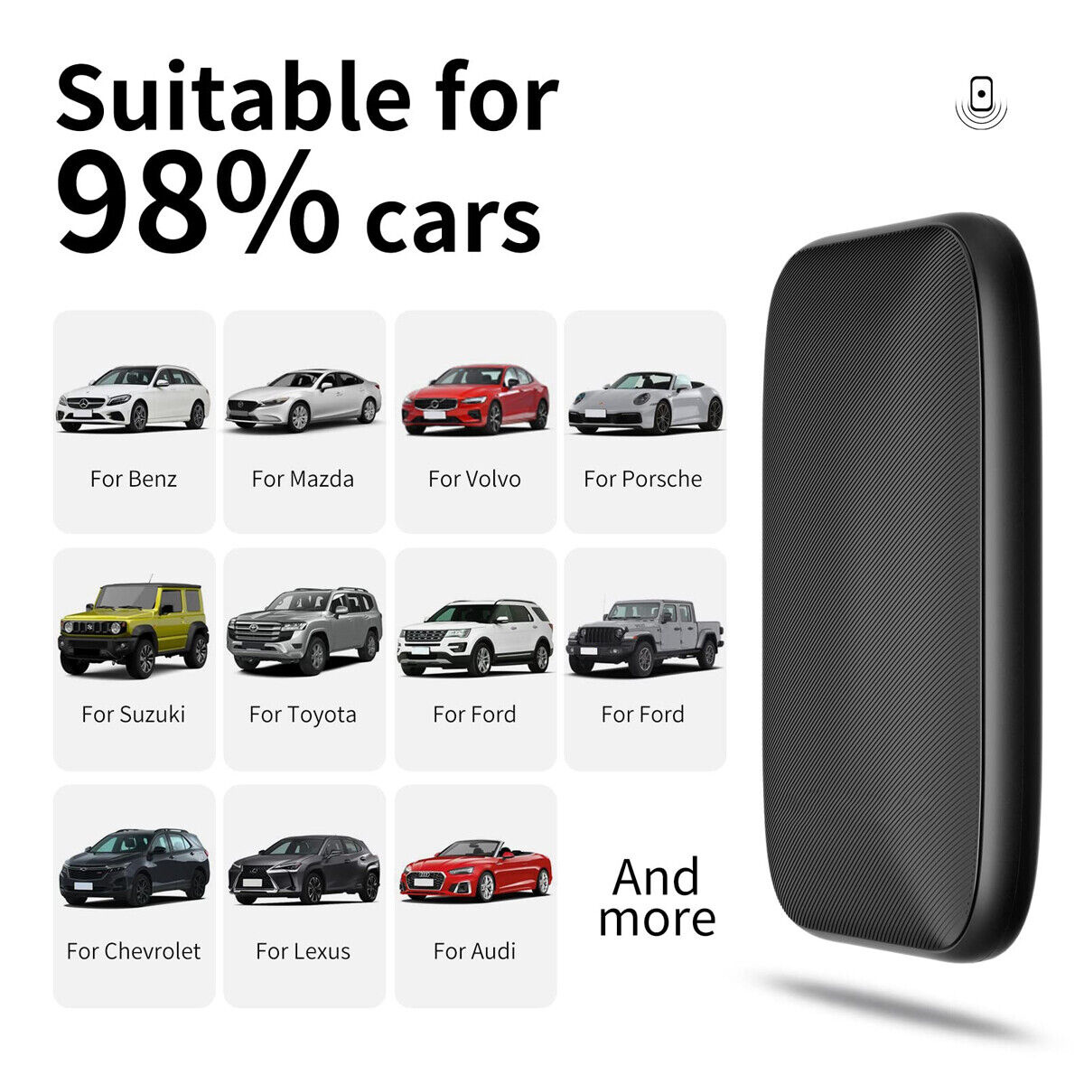 Schwarzes Ladepad mit Autos und Text 'Geeignet für 98 % der Autos'.