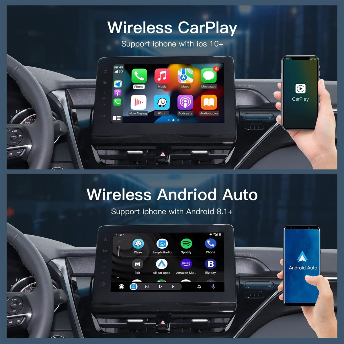 Zwei Bilder, die Auto-Navigationsbildschirme zeigen. Eines mit Apple CarPlay, das andere mit Android Auto.