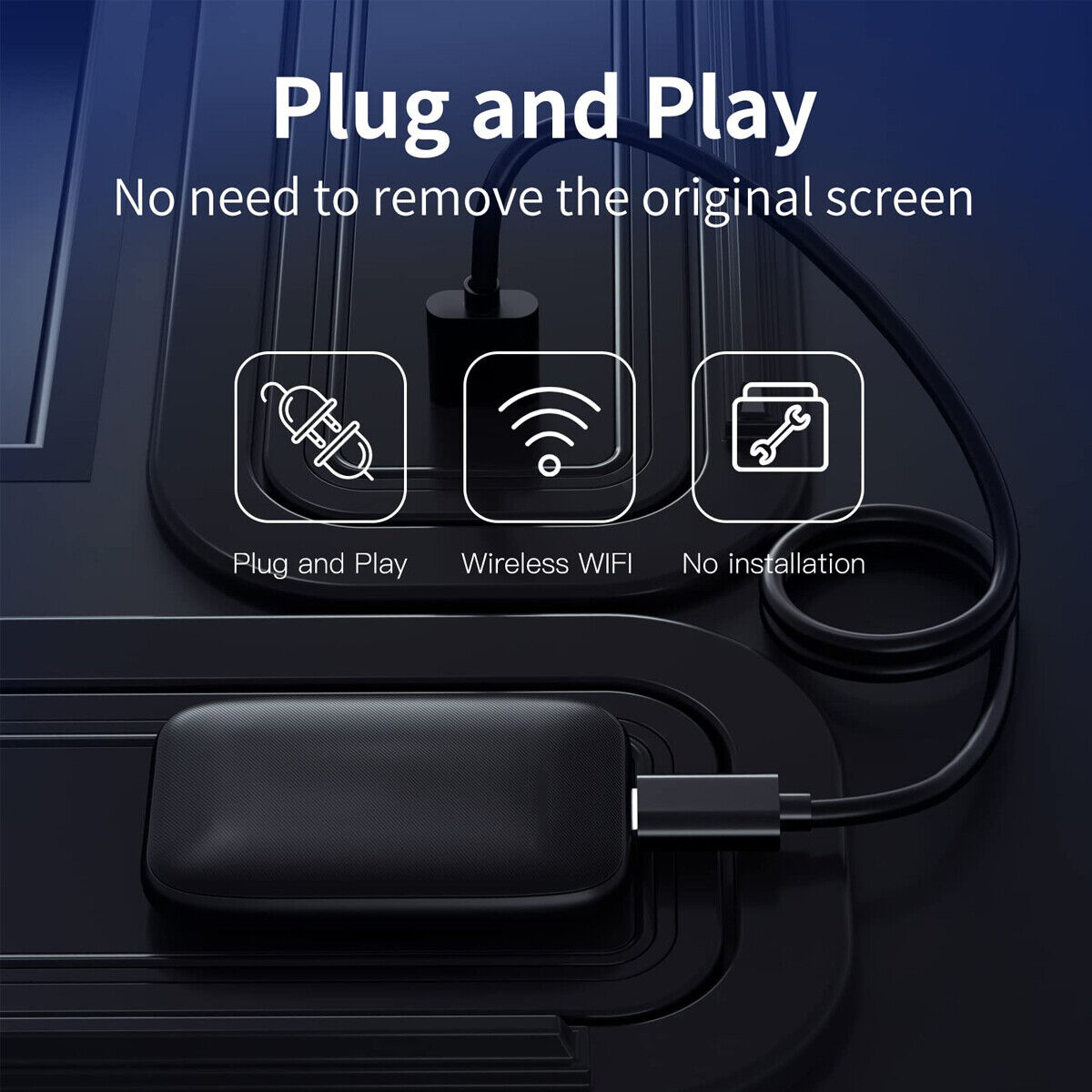 Schwarzes Gerät mit Kabel, das an ein Telefon angeschlossen ist. Text über Plug & Play und WLAN.