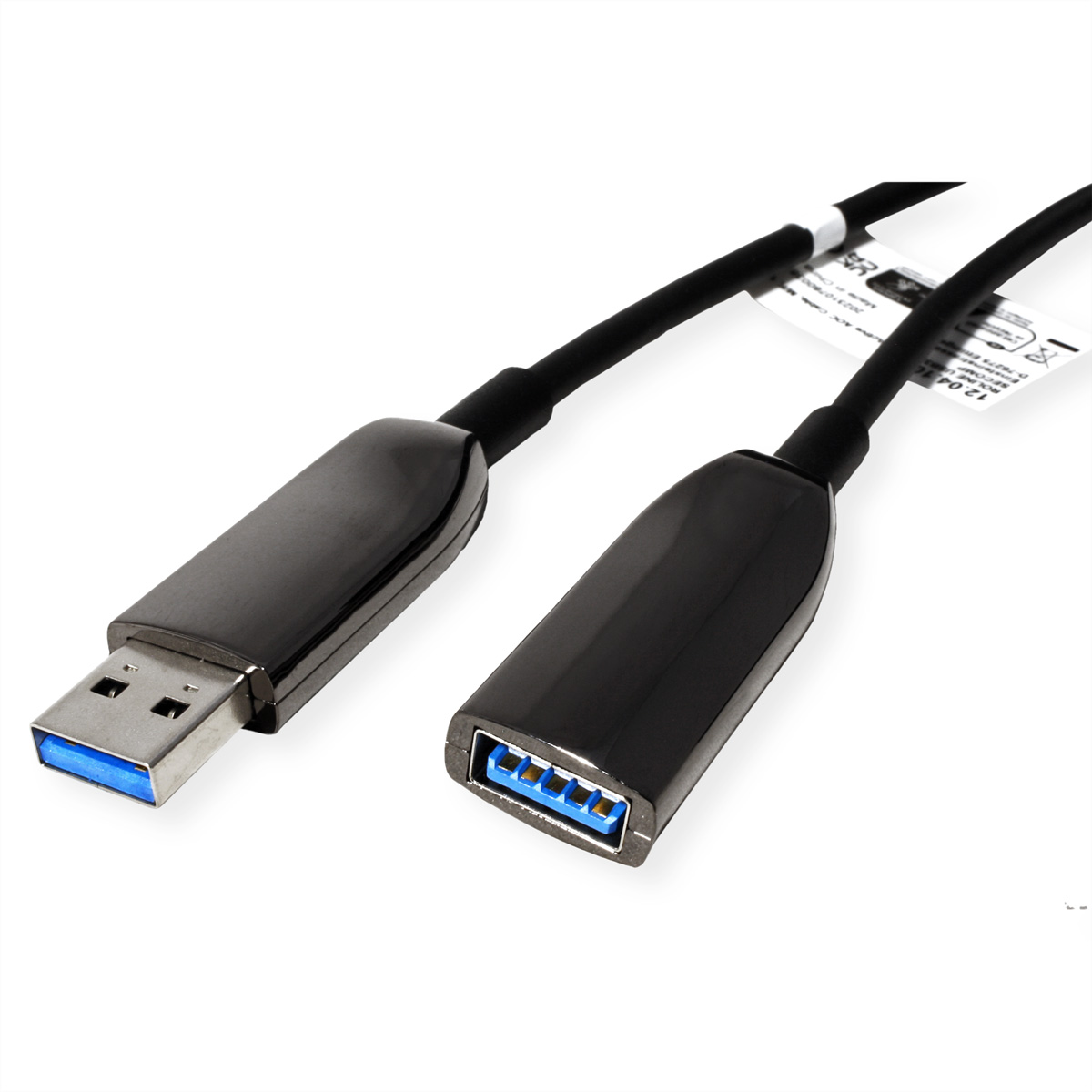 Twee zwarte USB-verlengkabels. Eén uiteinde is een USB-A-stekker, het andere is een USB-A-aansluiting.