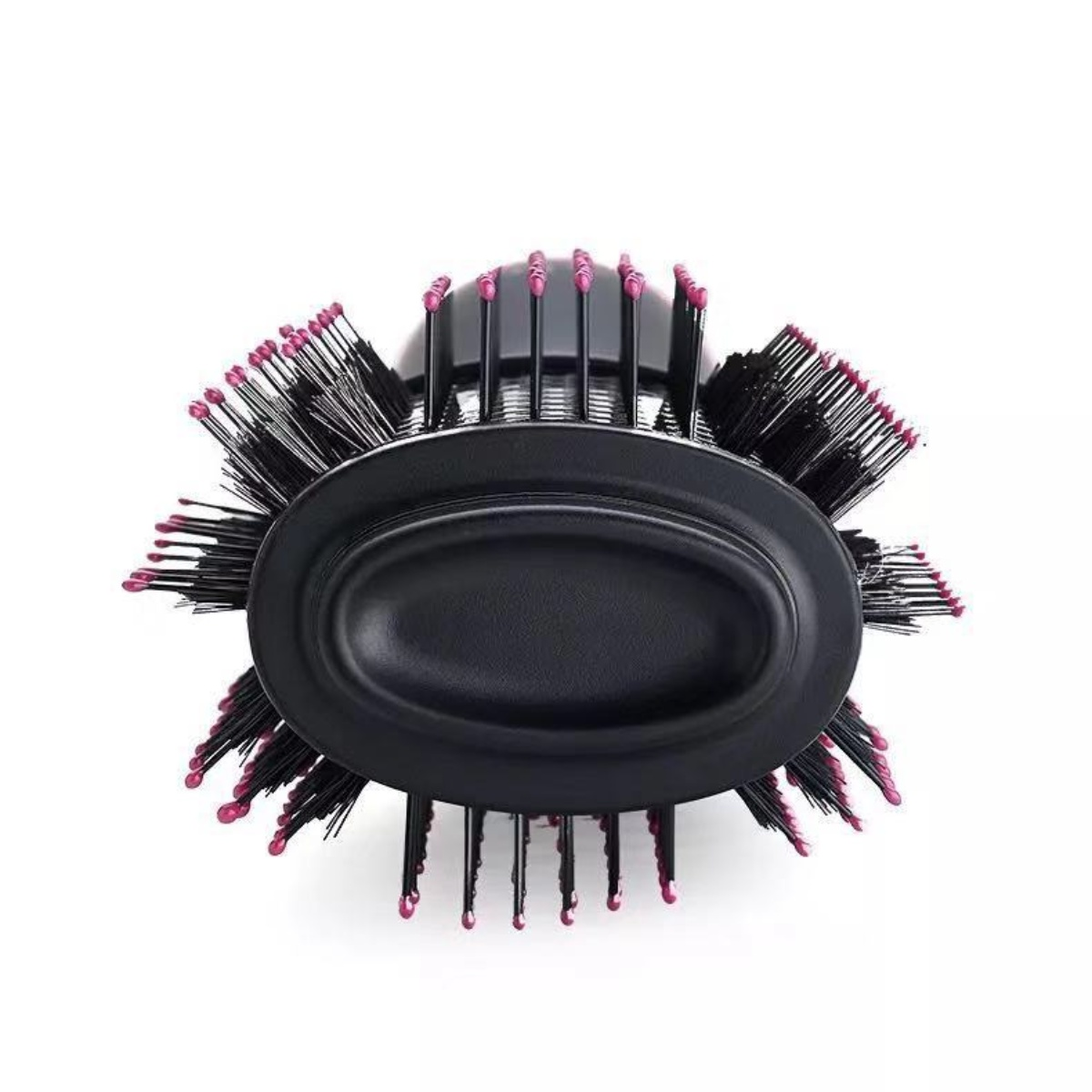 Schwarze Haarbürste mit rosa Spitzen auf weißem Hintergrund. Ovale Form.
