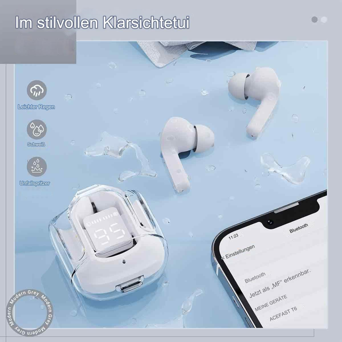 Weiße Ohrhörer und ein Ladecase, ein Smartphone und eine Schutzhülle mit Display.
