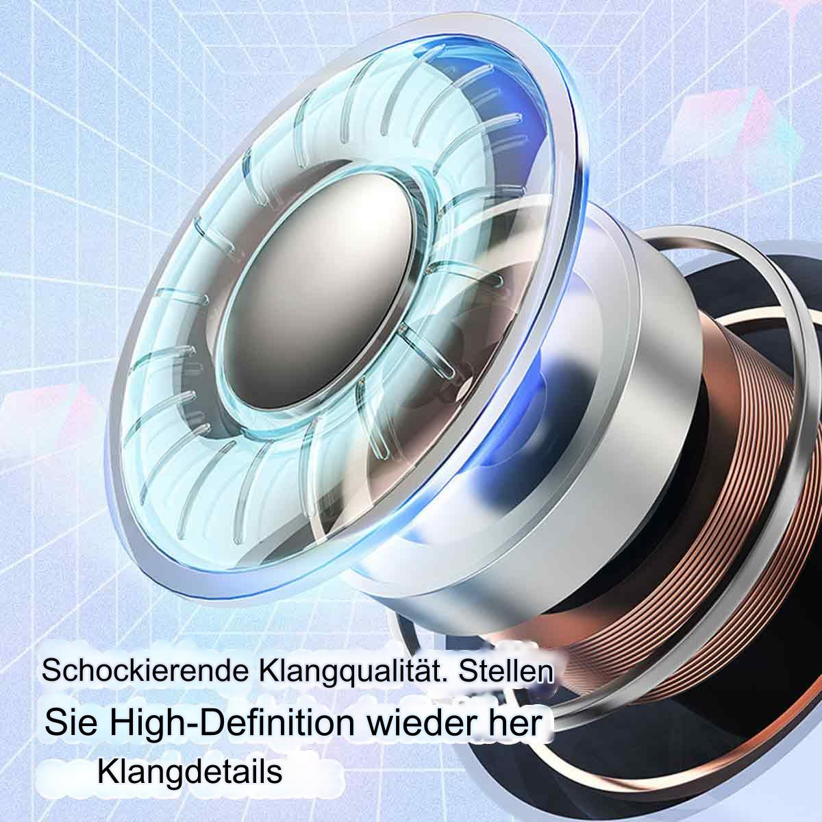 Nahaufnahme eines Ohrhörers. Blaue Akzente und ein silbernes Metalldesign. Weißer Hintergrund.