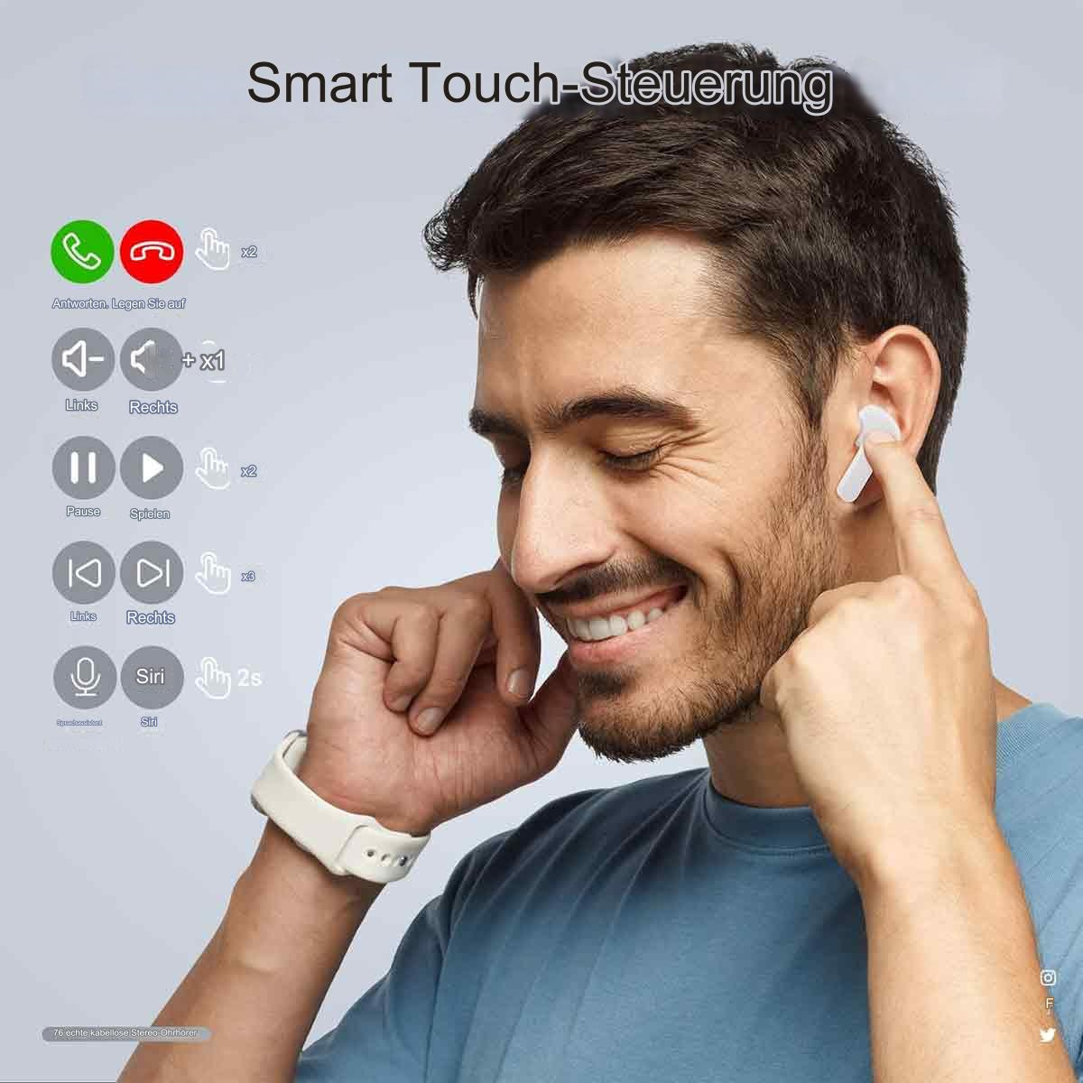 Mann mit Ohrhörern, berührt einen. Steuerungssymbole links. Smart Touch Control Text oben.