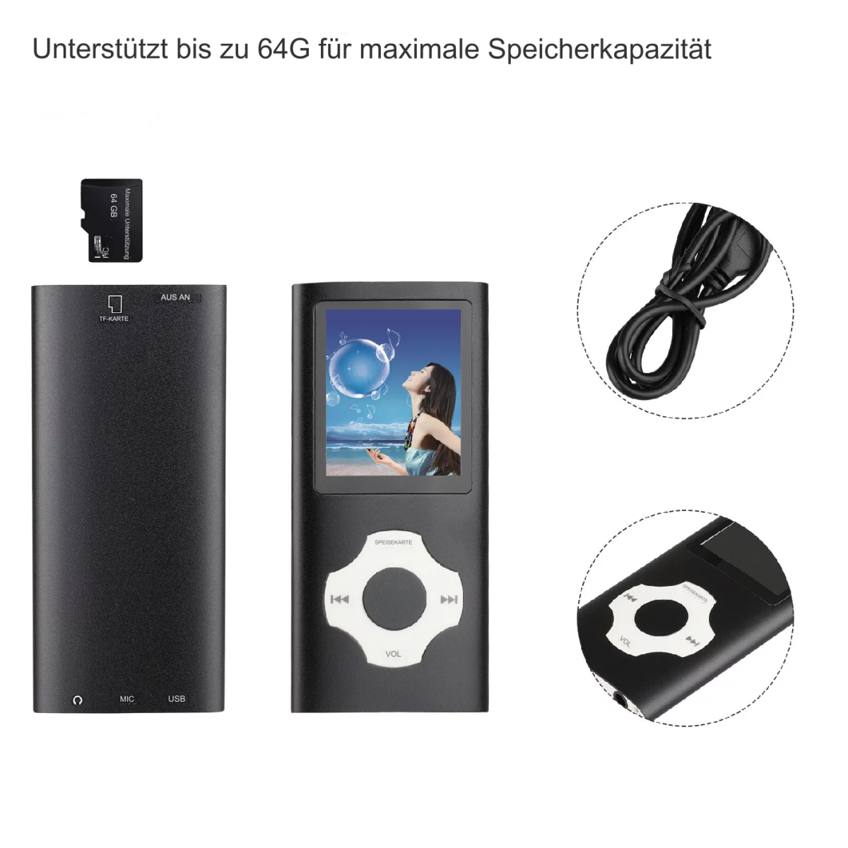Schwarzer MP3-Player mit Bildschirm und Bedienelementen. Andere Komponenten.