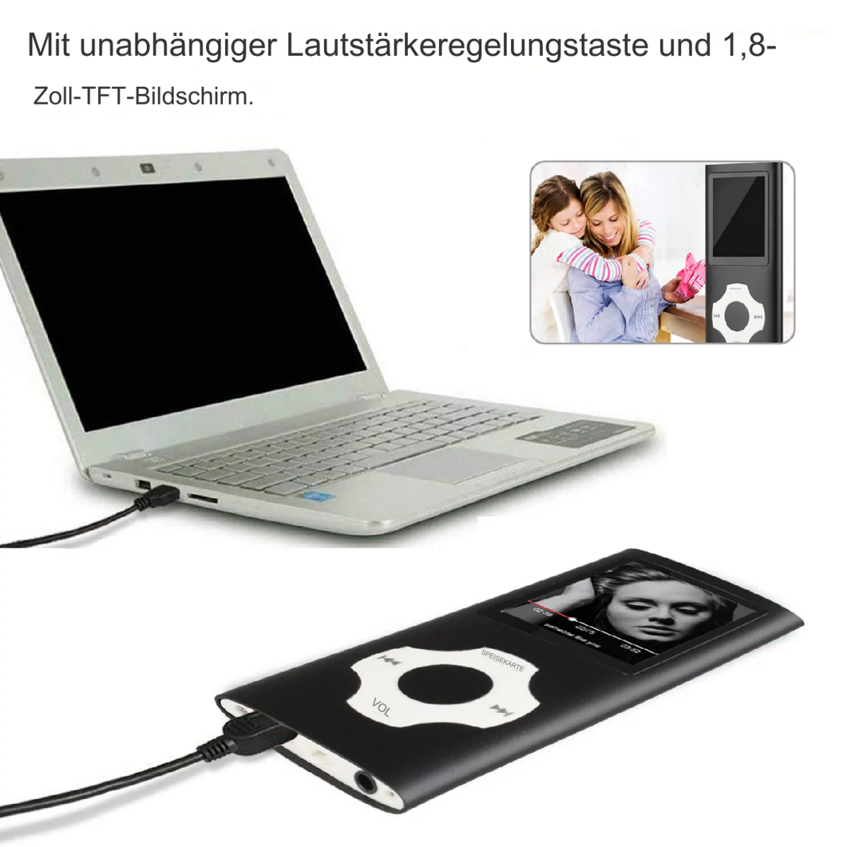 Laptop und MP3-Player mit Bildschirmanzeige auf weißer Oberfläche.