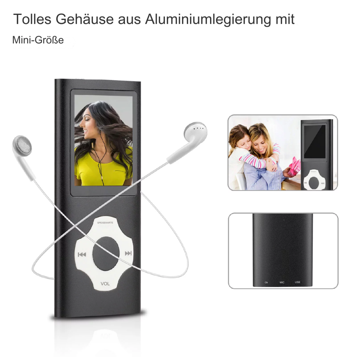 Ein schwarzer MP3-Player mit Bildschirm, weißen Ohrhörern und kleinen Personenbildern.
