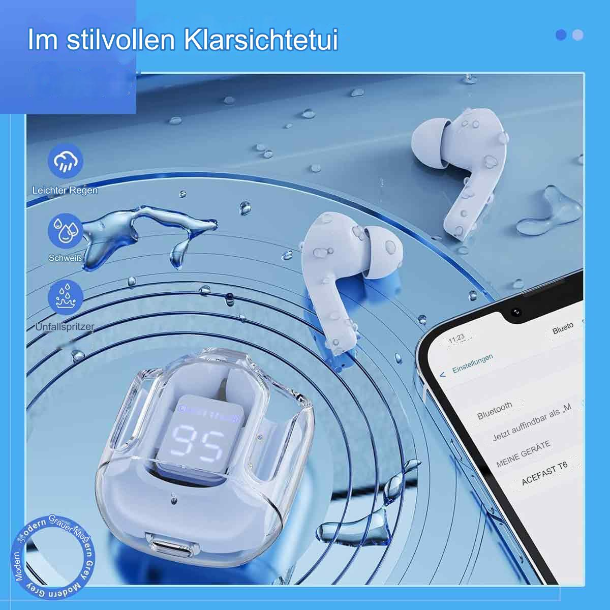 Weiße Ohrhörer, Ladecase und Telefon auf blauer Oberfläche. Textüberlagerung auf Deutsch. Modernes Design.