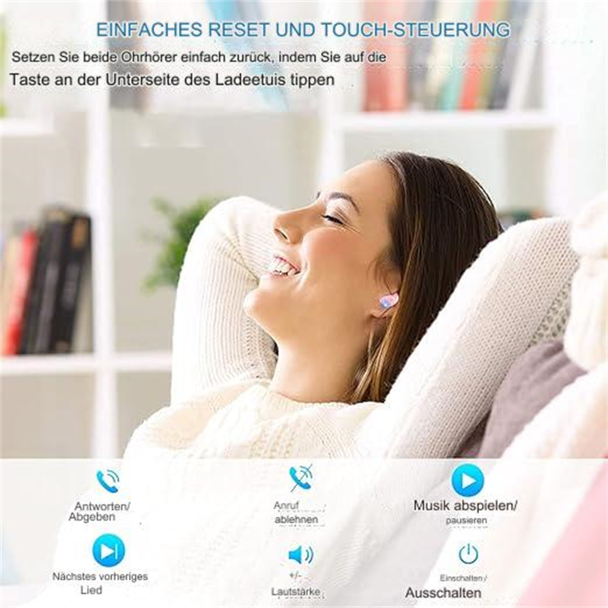 Lächelnde Frau mit Ohrhörern in den Ohren. Sie entspannt sich auf einer Couch mit Symbolen darunter.
