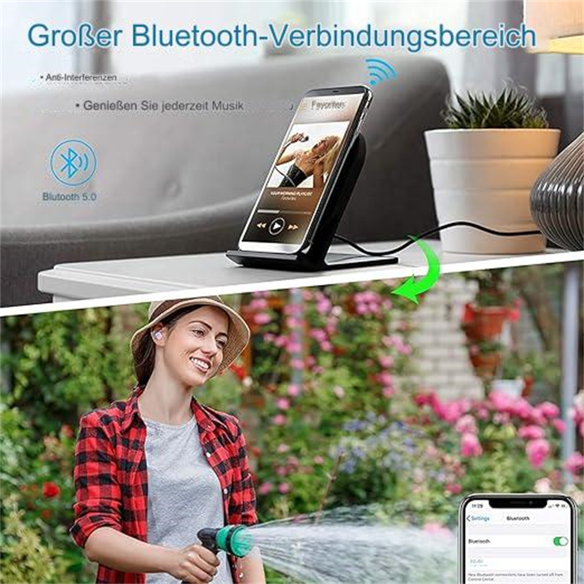 Eine Frau bewässert einen Garten, während sie Musik von einem Telefon hört, das auf einem Ständer montiert ist.