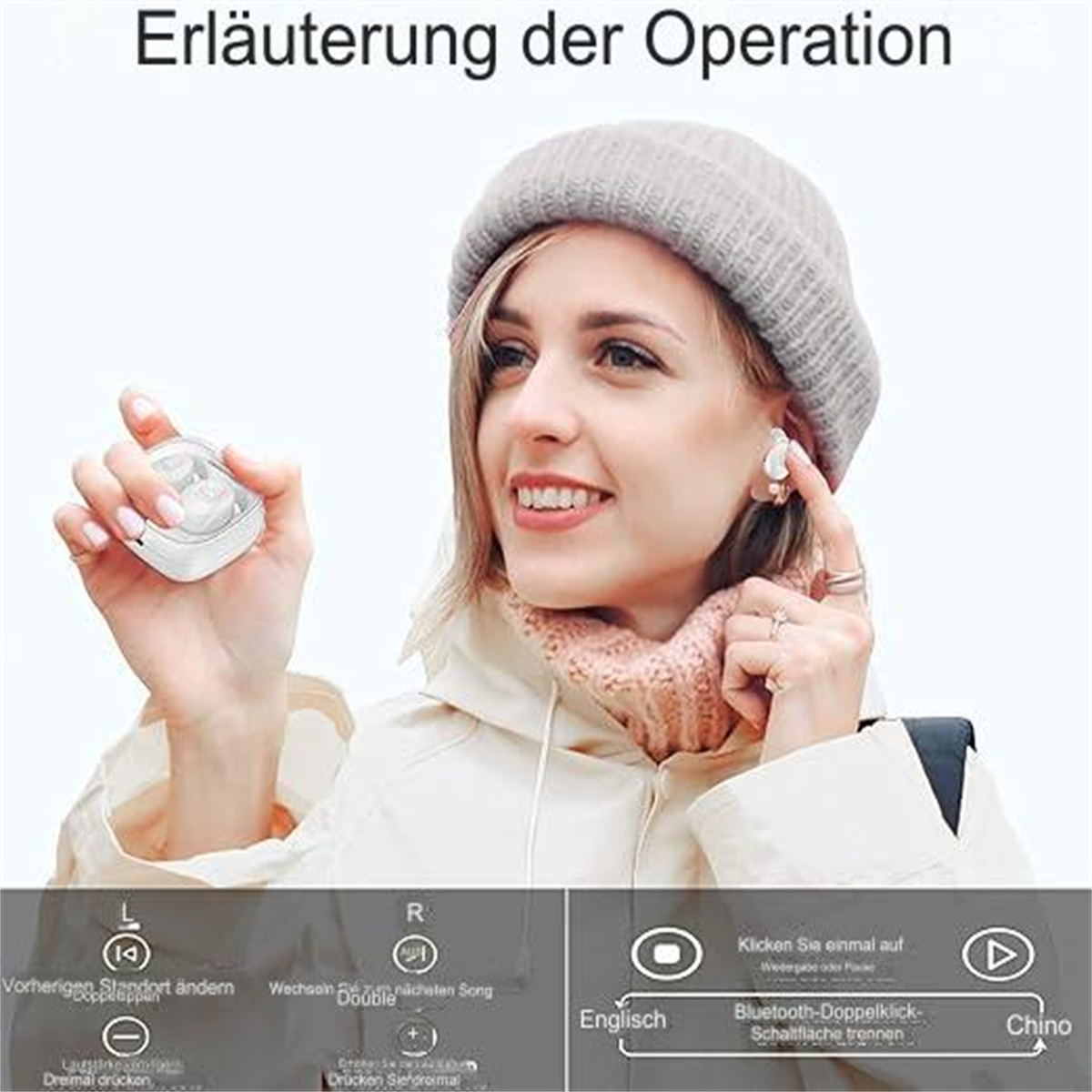 Frau mit Ohrhörern, die zeigt, wie man sie mit Tasten und Sprachbefehlen bedient.