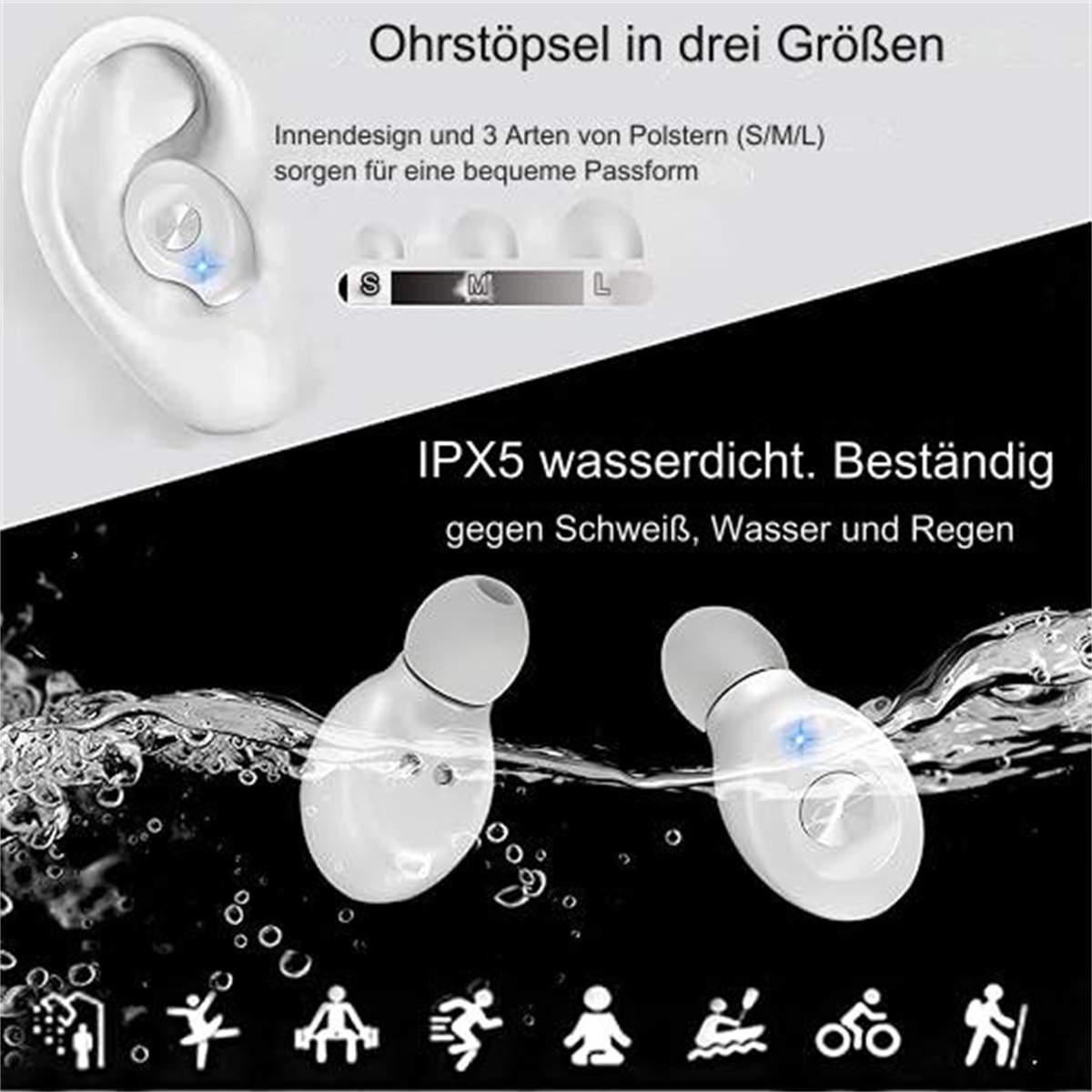Ohrhörer mit verschiedenen Spitzen, Wasserbeständigkeit und Symbolen.
