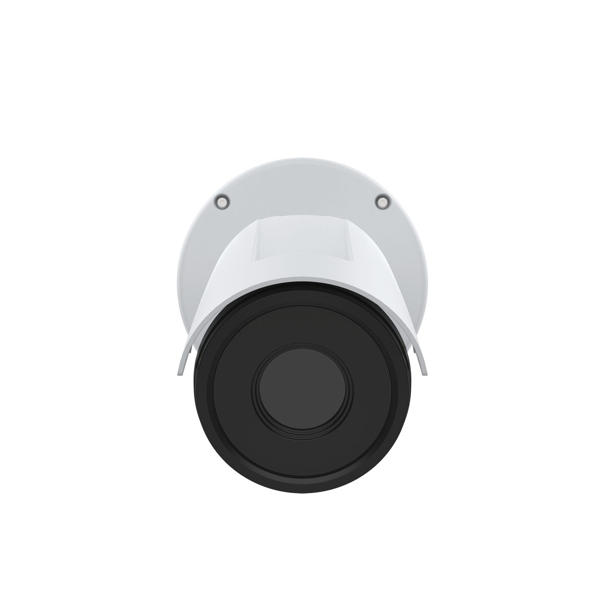 Biała kamera bezpieczeństwa z czarnym obiektywem. Okrągły kształt. Białe tło.
