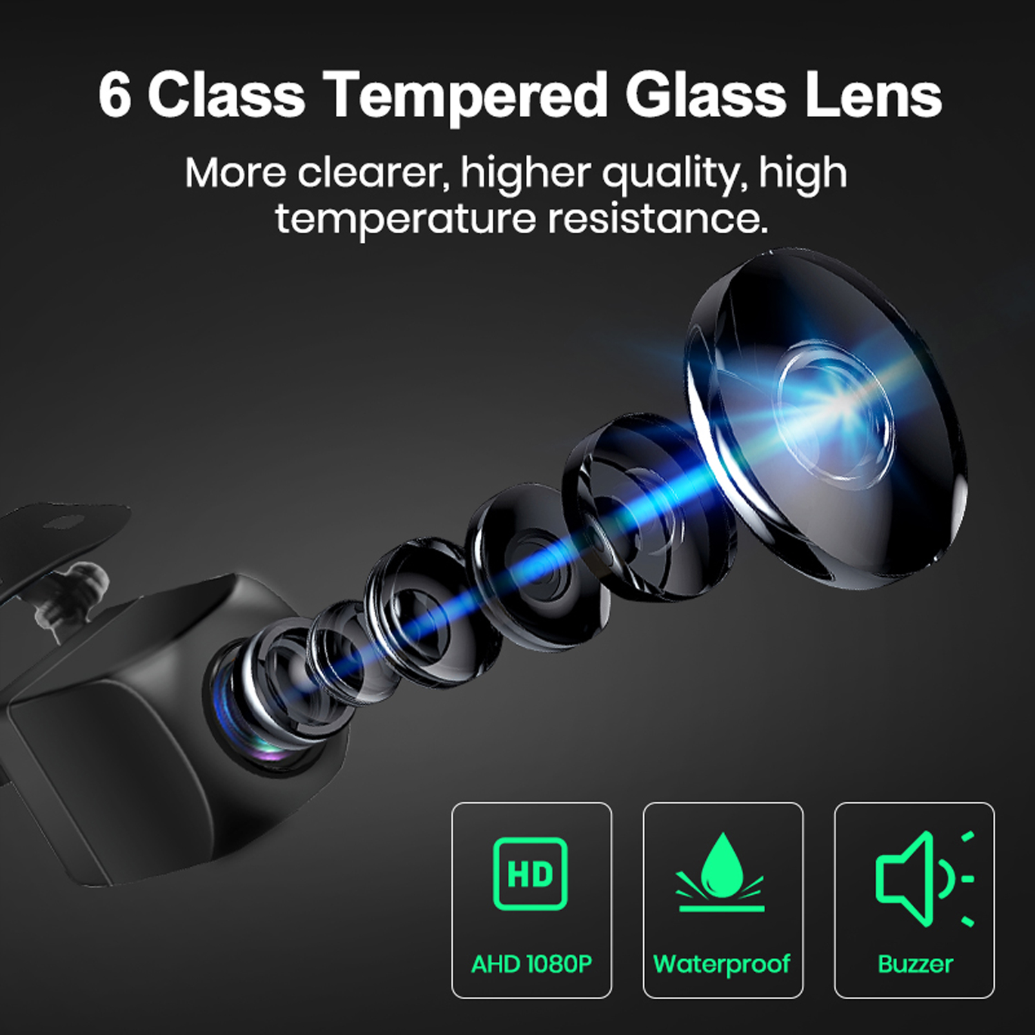 Nahaufnahme der Kameralinse mit Text '6 Class Tempered Glass Lens'. Symbole für HD, wasserdicht und Summer.