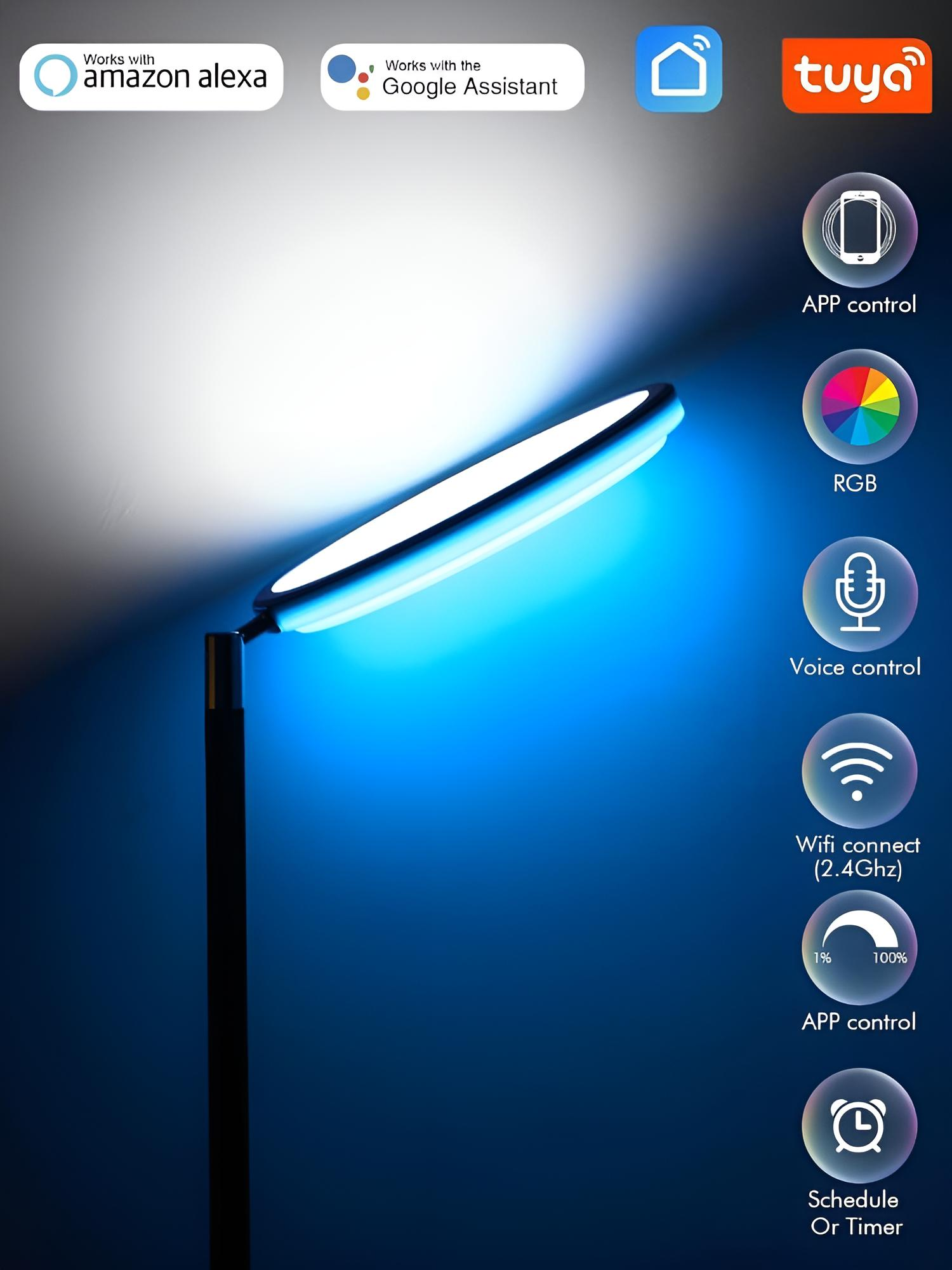 Eine schwarz-weiße Smart-Lampe mit blauem Licht und Symbolen für Smart-Funktionen.