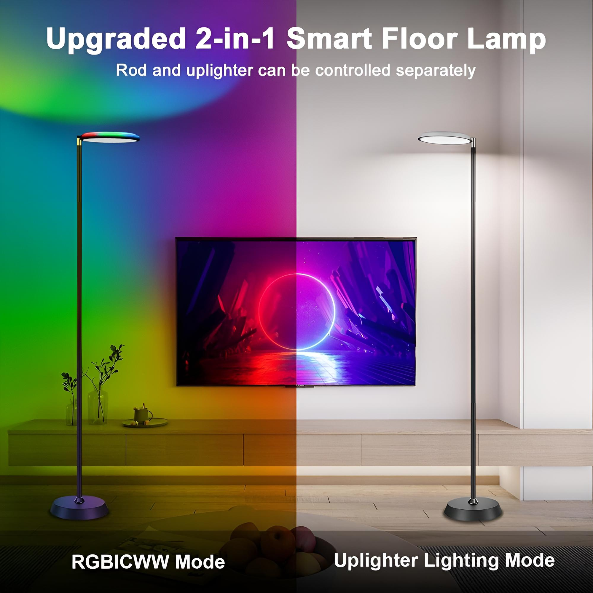 Eine intelligente Stehlampe mit zwei Modi. Einer ist RGBICWW, der andere ist Uplighter-Beleuchtungsmodus.