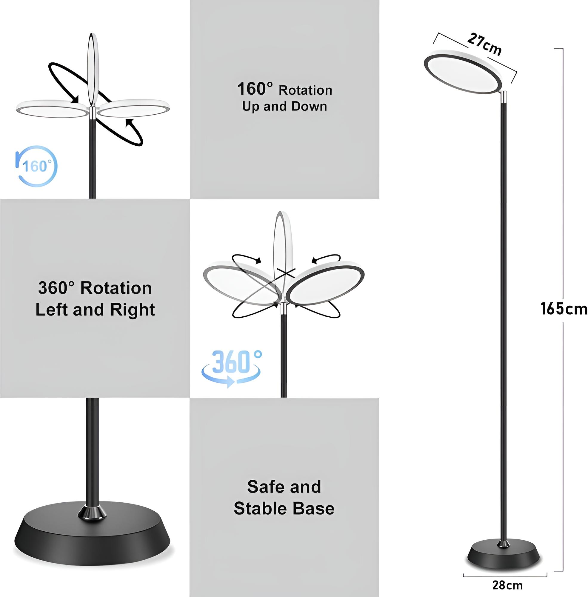 Schwarze Stehlampe mit 160° Auf/Ab- und 360° Links/Rechts-Drehung. Abmessungen angegeben.