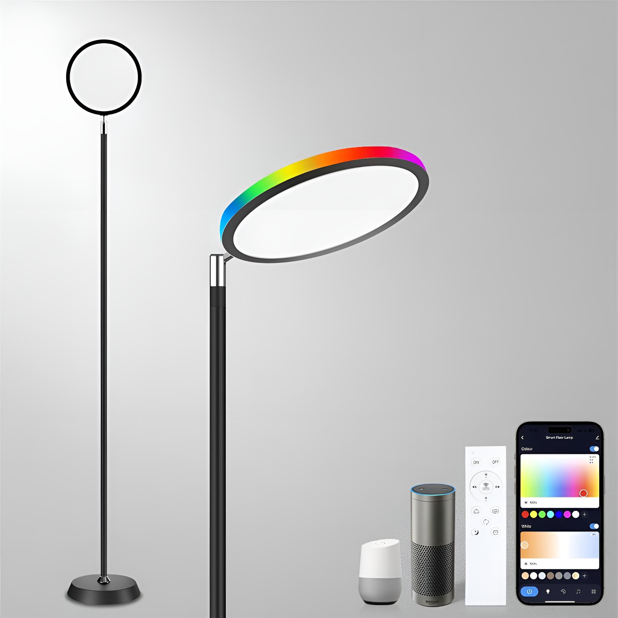 Moderne Stehlampe mit Ringlicht, Smart-Home-Geräten und Smartphone-Oberfläche.