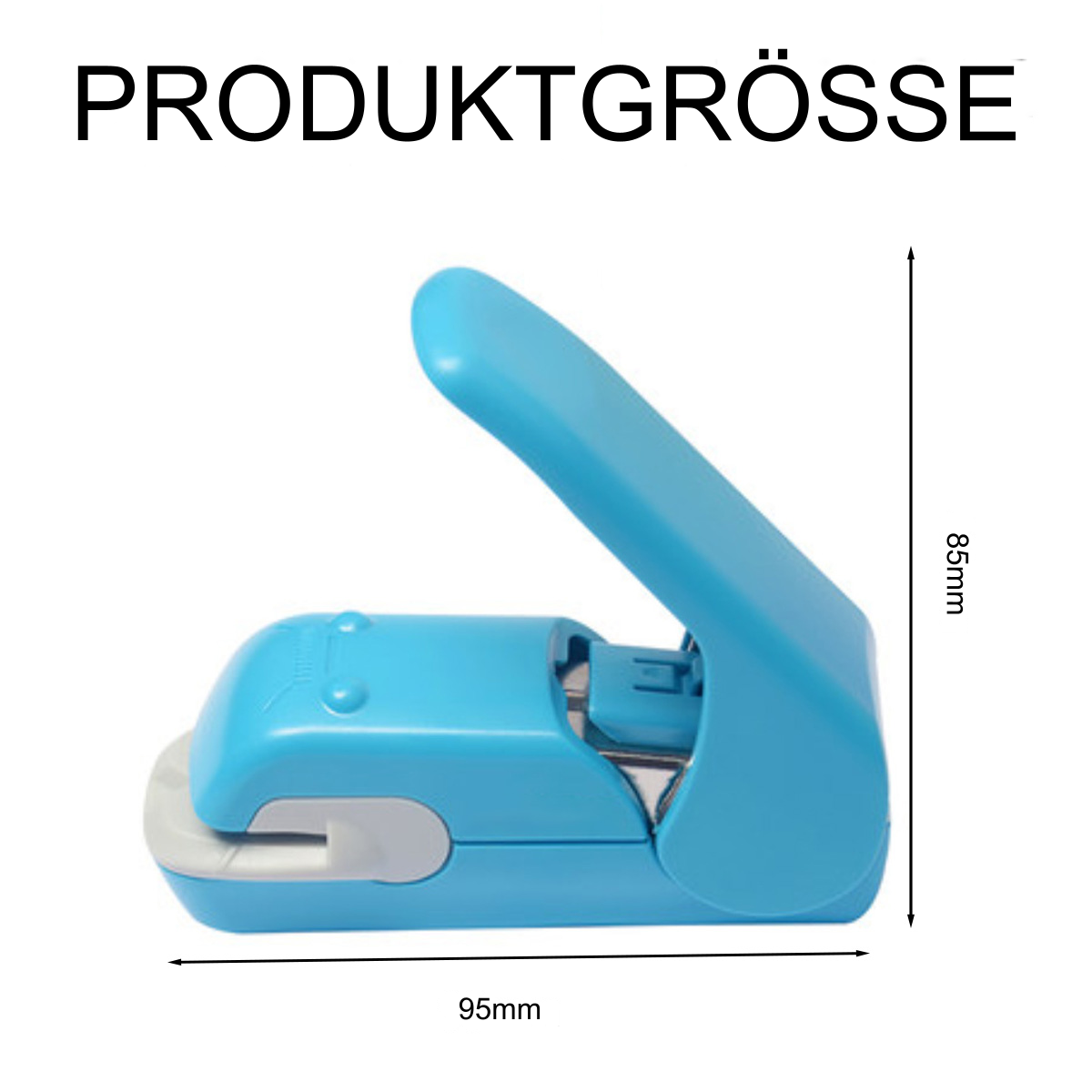 Ein blauer Tacker mit den Maßen 95 mm x 85 mm, beschriftet mit „PRODUKTGRÖSSE“.