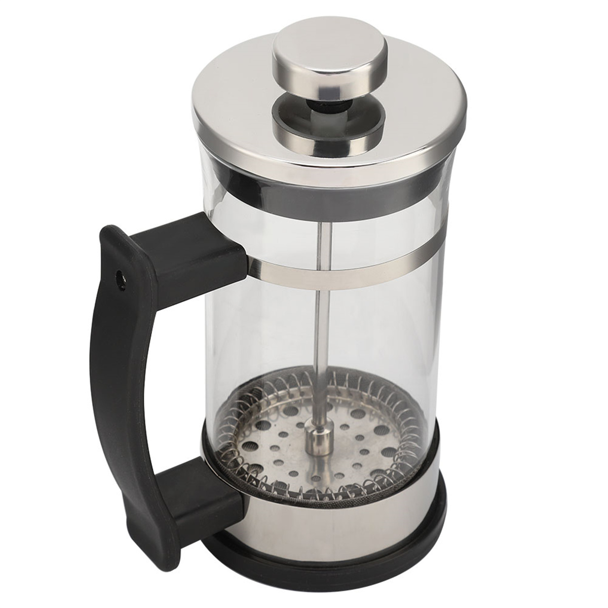 Eine transparente French Press aus Glas mit schwarzem Griff und Edelstahlbasis.