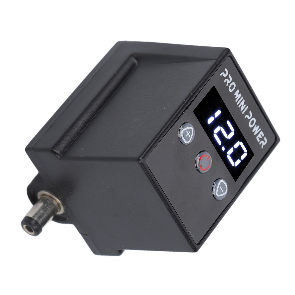 Schwarzes Pro Mini Power Gerät, Digitalanzeige zeigt 12.0. Knöpfe auf der Vorderseite.