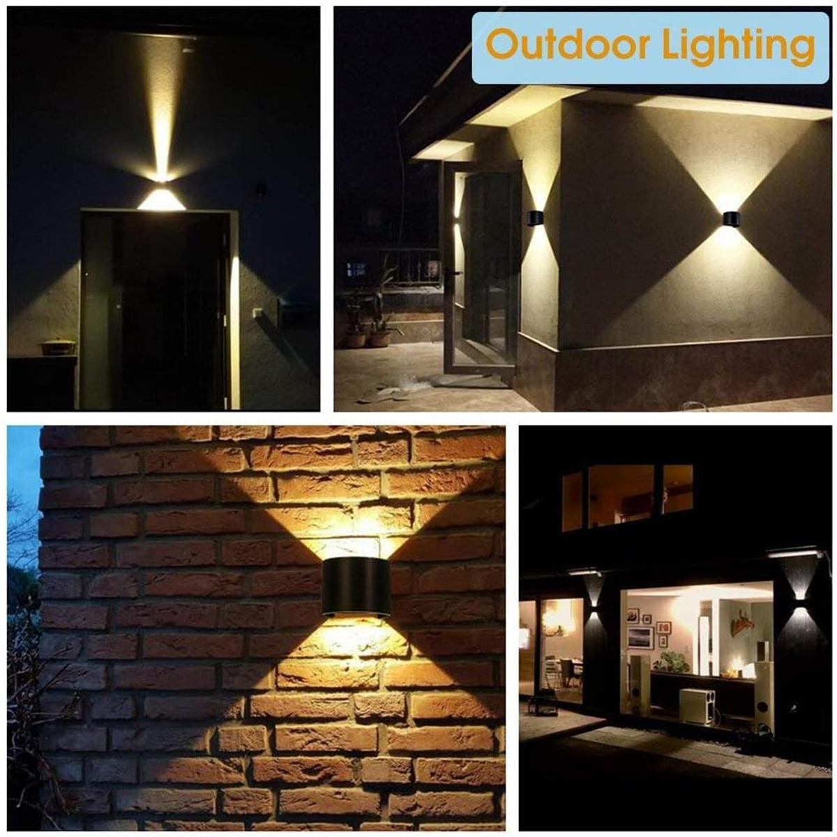 Mehrere Außenleuchten mit kreuzförmigen Lichtmustern sind auf Ziegel- und Betonwänden zu sehen.