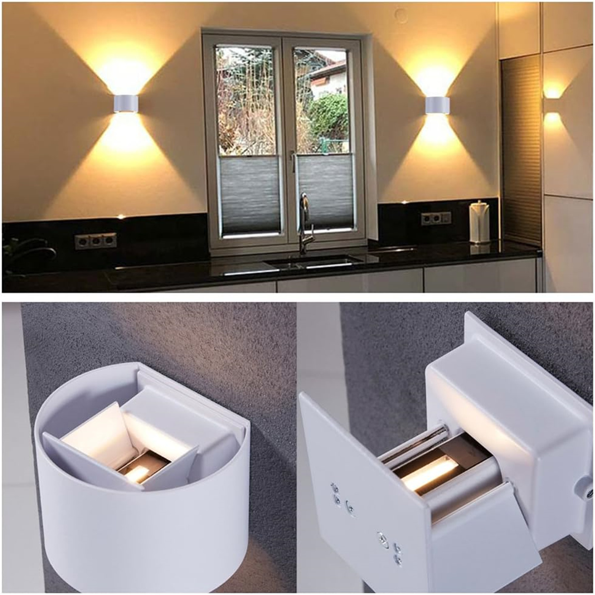 Weiße Außenwandleuchten. Sie haben nach oben und unten gerichtetes Licht. Zweites Bild zeigt offenes Licht.