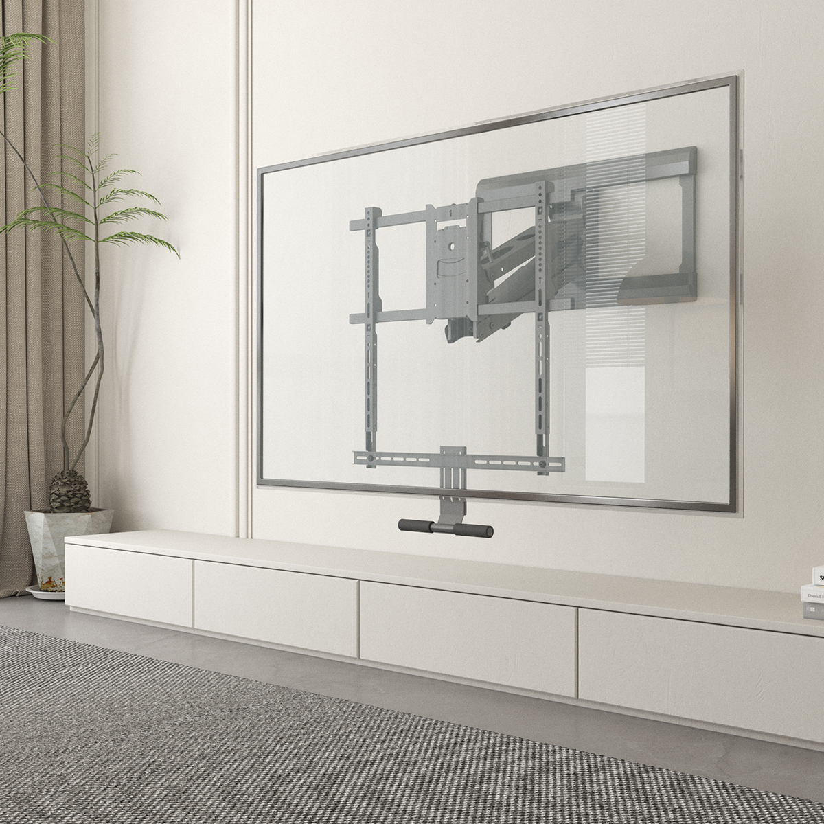 Ein Fernseher mit Halterung an der Wand. Darunter eine weiße Konsole, auf einem grauen Teppich.