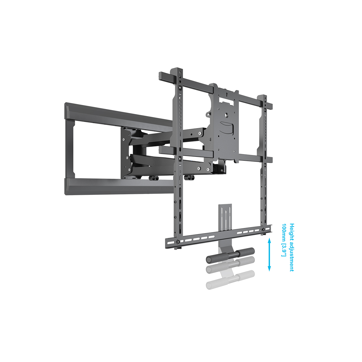 TV-Wandhalterung. Grau, verstellbarer Arm, Höhenverstellpfeil. Weißer Hintergrund. Metallkonstruktion.