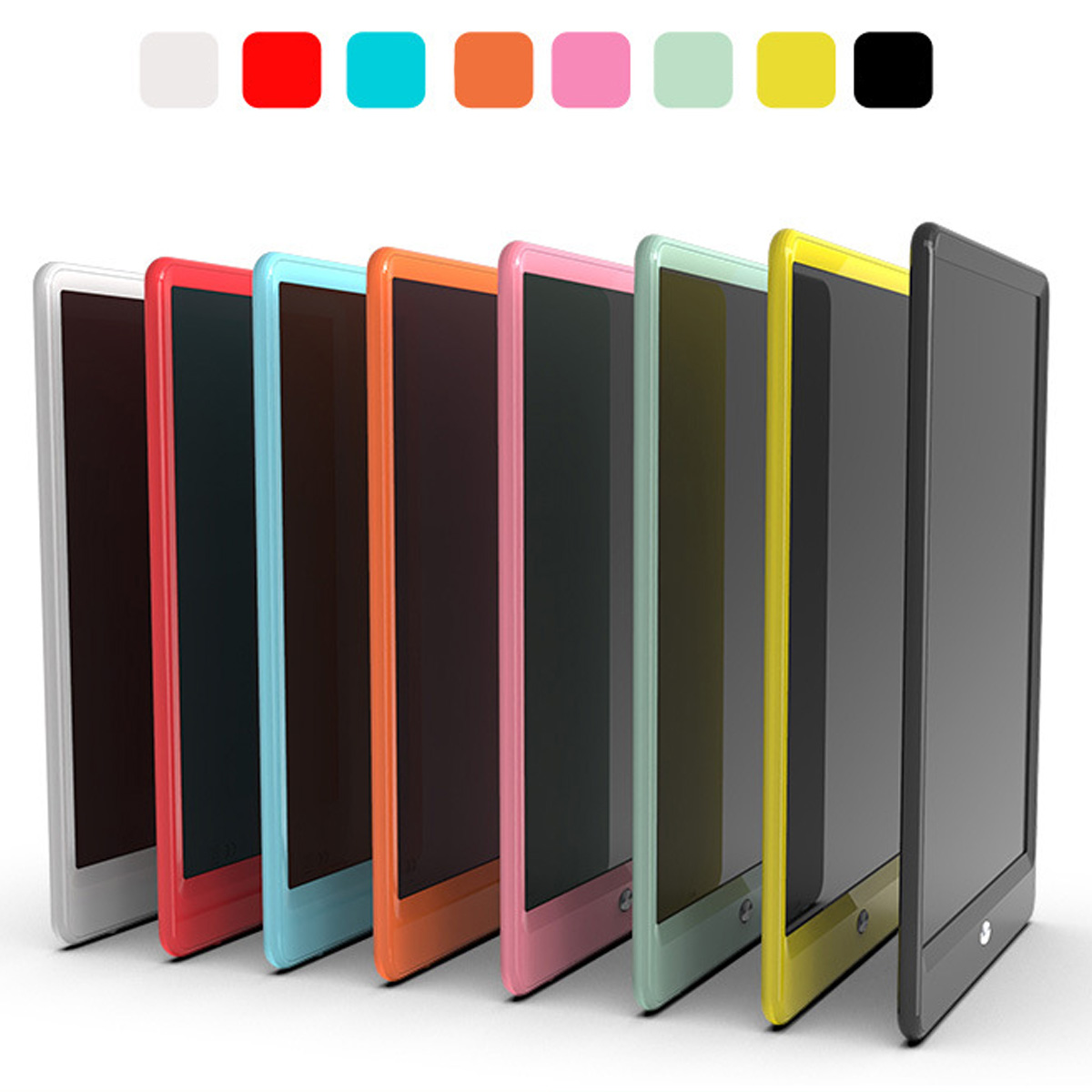 Reihe farbiger digitaler Schreibtafeln: Weiß, Rot, Blau, Orange, Pink, Grün, Gelb und Schwarz.