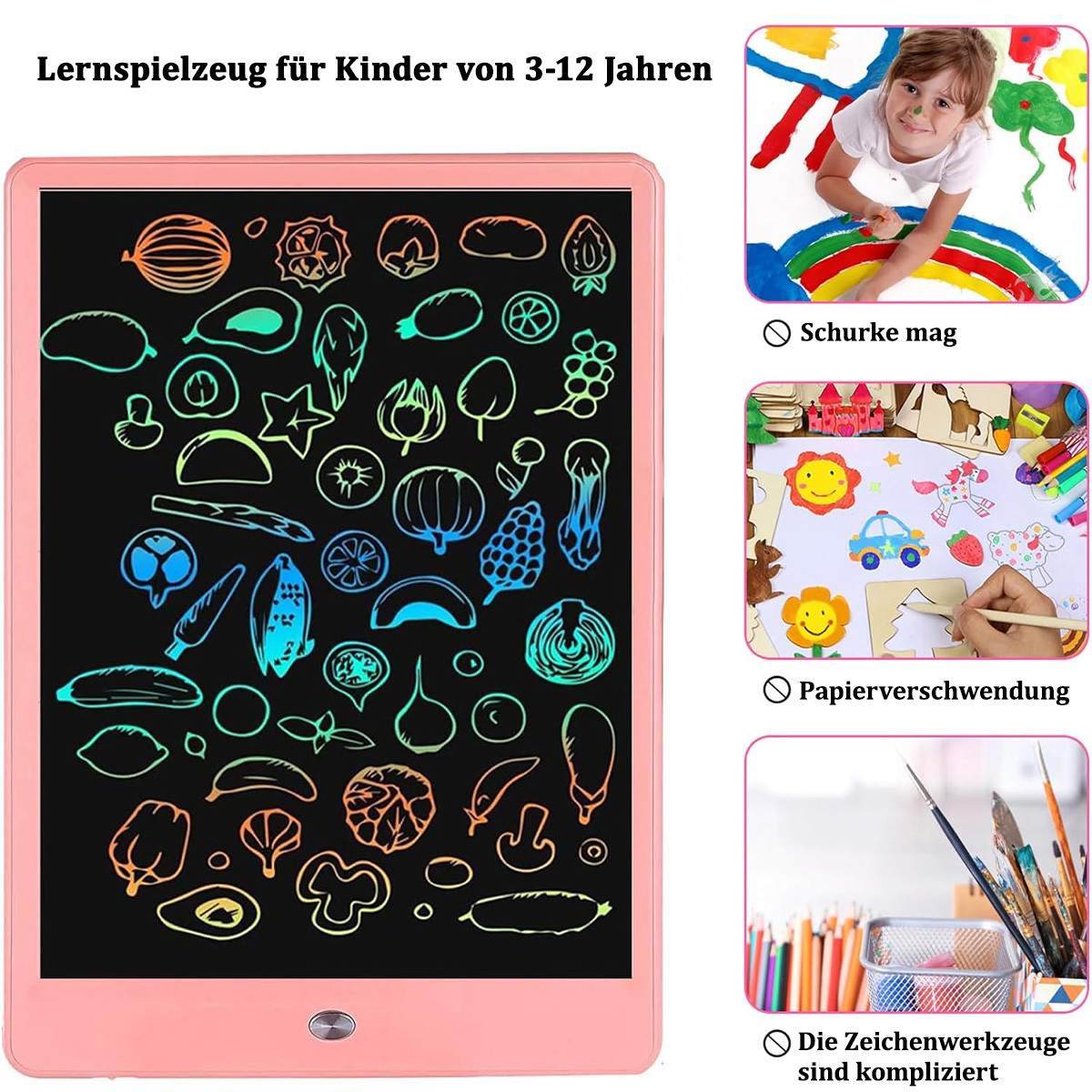 Rosa Zeichentablett mit bunten Zeichnungen. Enthält Bilder von Kindern, die mit Kreiden und Farbe malen.