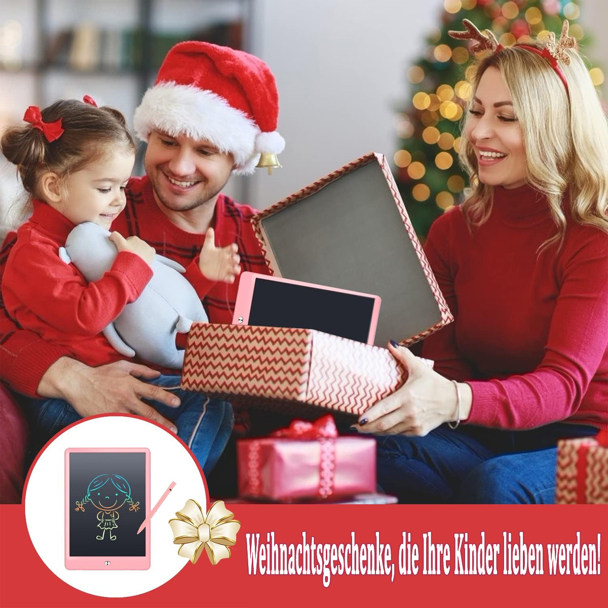 Familie an Weihnachten, öffnet Geschenke. Mädchen und Eltern, mit einem Weihnachtsbaum.