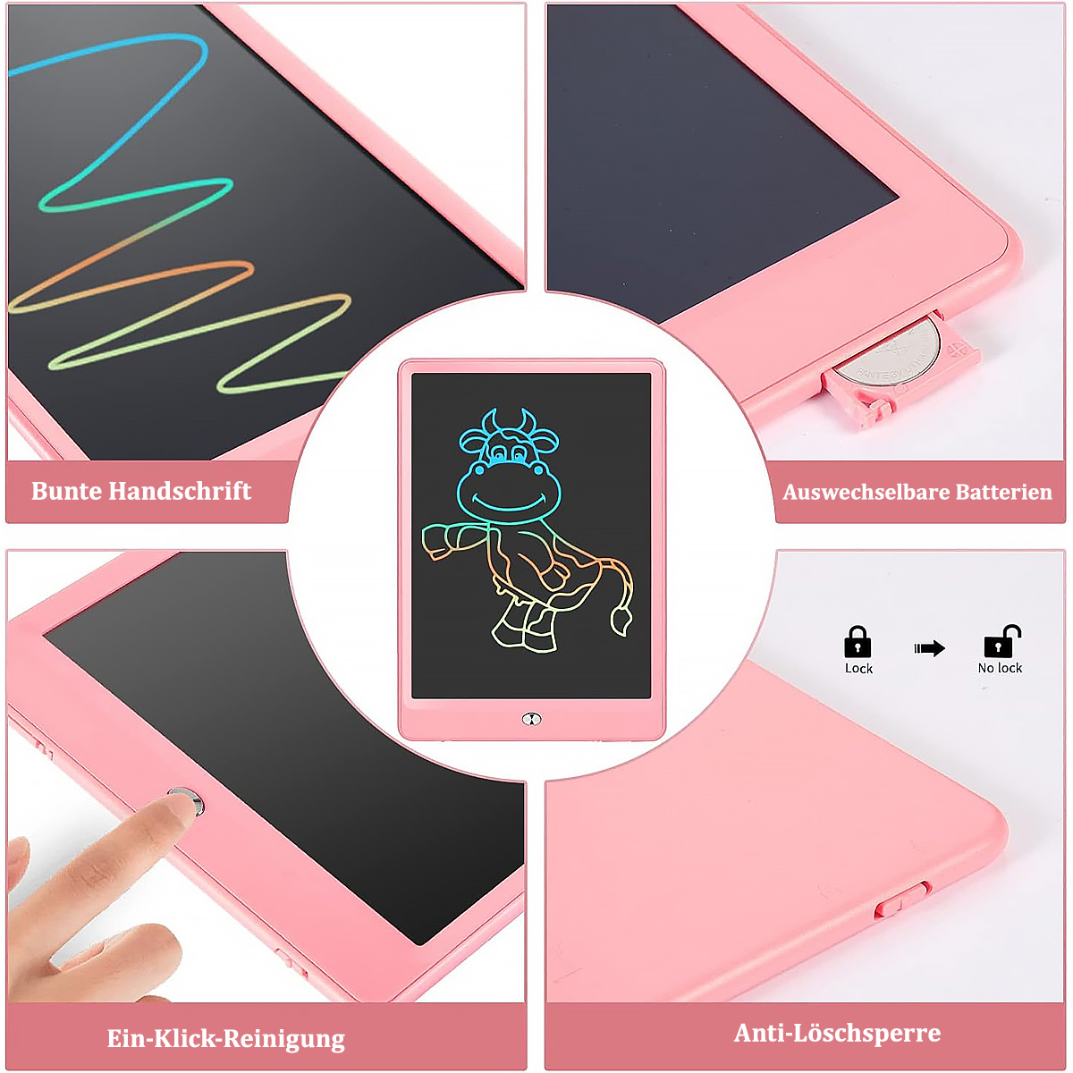 Ein rosa digitales Zeichentablett mit verschiedenen Funktionen und Designs auf dem Bildschirm.