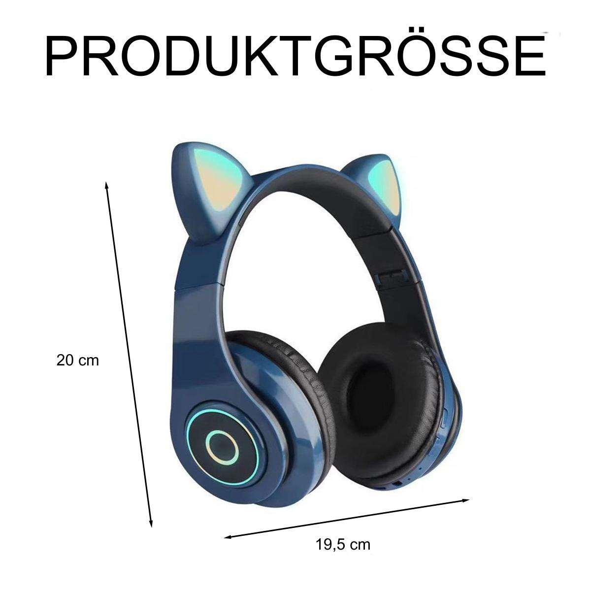 Blaue Katzenohr-Kopfhörer mit schwarzem Stirnband und Ohrmuscheln. Die Abmessungen sind mit Pfeilen angegeben.
