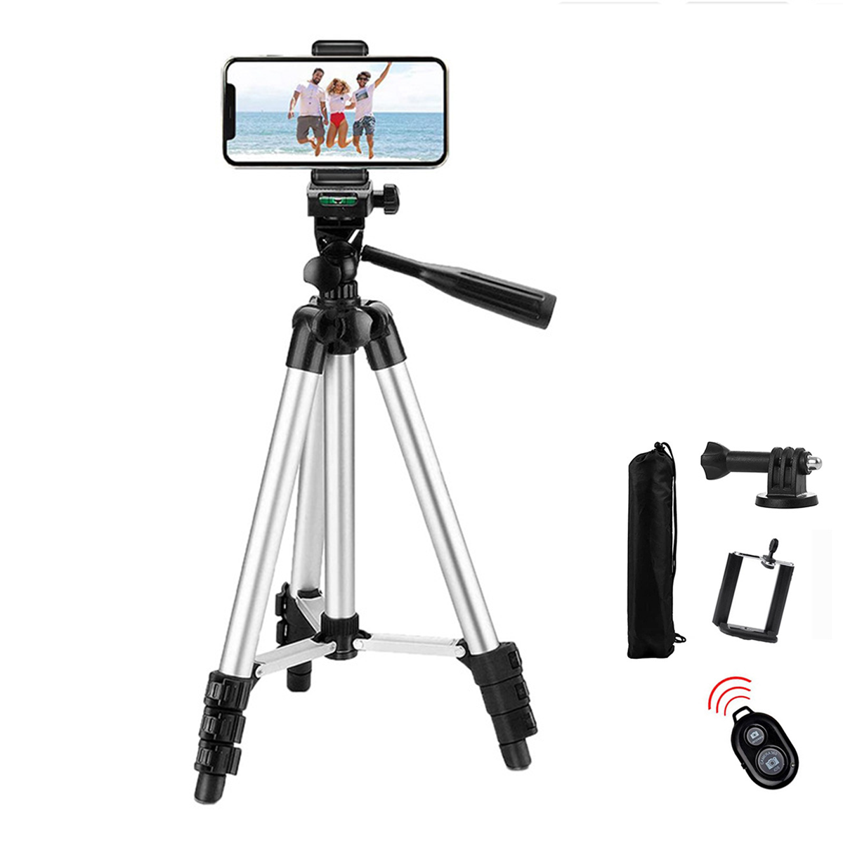 Ein silbernes Stativ mit befestigtem Smartphone, plus Tragetasche, Telefonhalter und Fernbedienung.