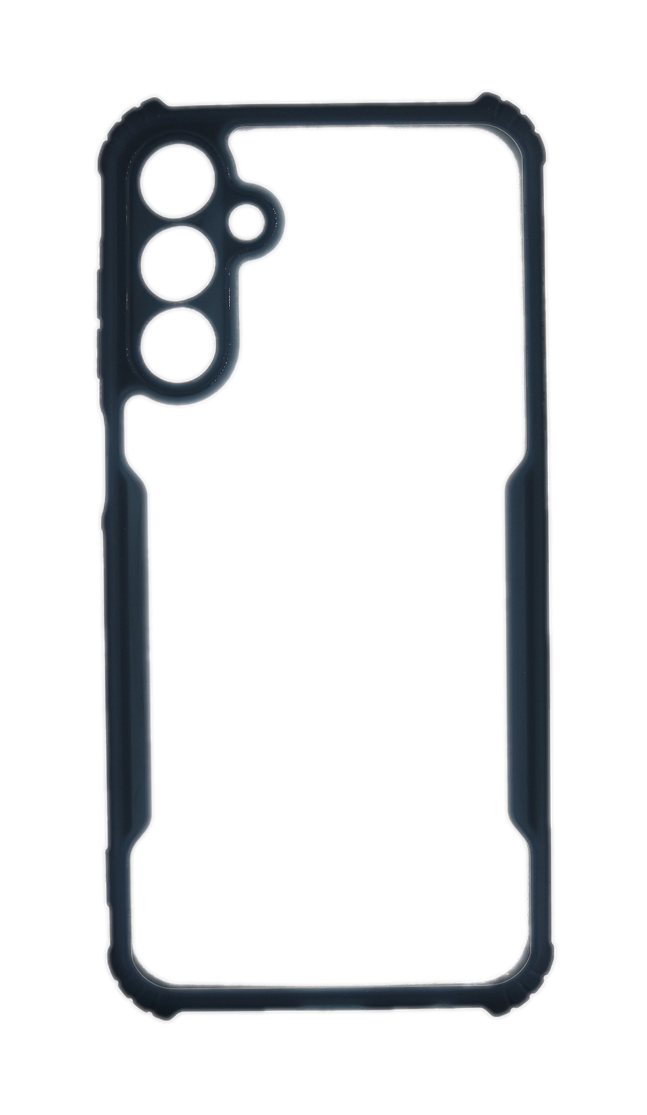 Schwarze Handyhülle mit Aussparungen für Kamera und Knöpfe, auf weißem Hintergrund.