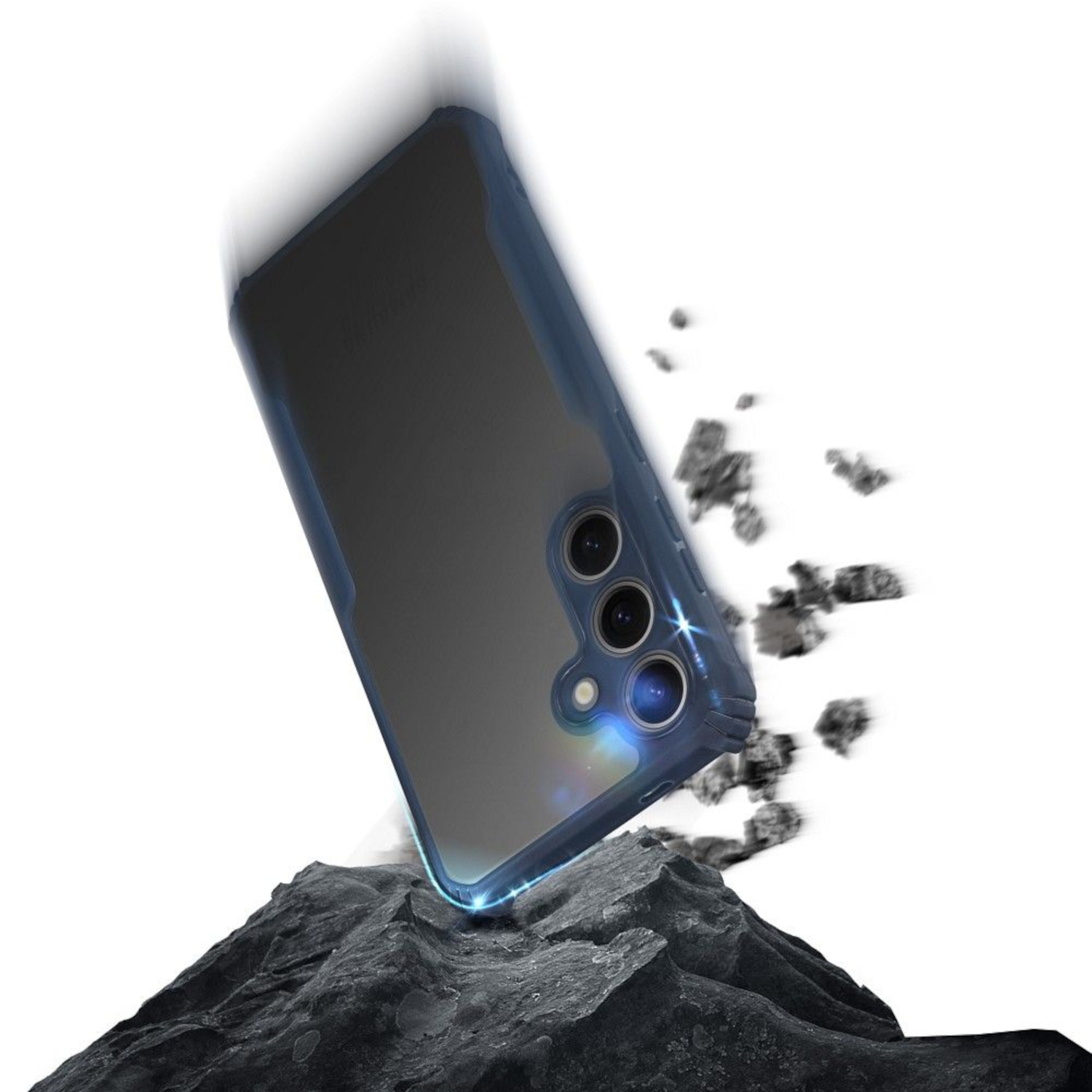 Telefon in blauem Gehäuse, das auf dunkle Steine fällt. Gehäuse hat einen blauen Rand.