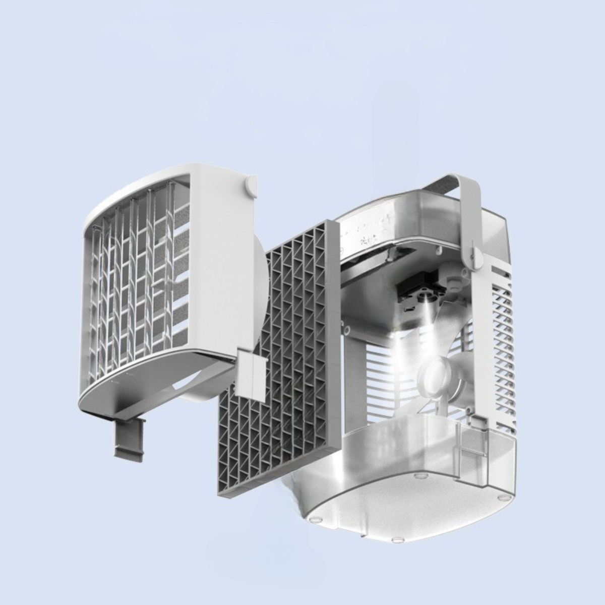 Schnittdiagramm eines weißen, zerlegten Ventilators. Komponenten wie die Flügel sind sichtbar.